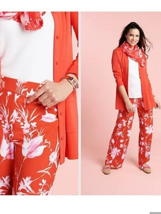 Isaac Mizrahi Pants - Isaac Mizrahi Live Pants Wide Leg Red Floral Pebble Knit Medium Petite